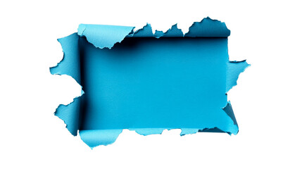 Torn blue paper, curl edges, hole opening concept, cut out transparent