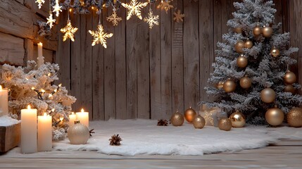 Cozy Winter Christmas Scene with Golden Ornaments and Candles on Snowy Background