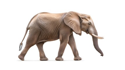 Obraz premium Adult Elephant Walking Gracefully Across a White Background in a Naturalistic Pose