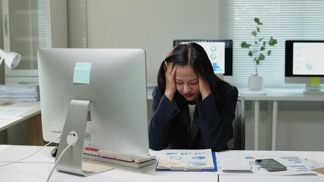 Businesswoman is seriously stressed and upset working on tablet and document paperwork and headache due to office syndrome on laptop and paperwork in the office.