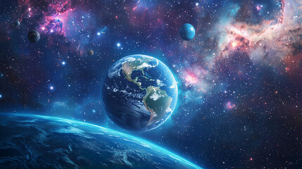 Naklejka premium Earth in space with the sun shining, surrounded by stars and the vast cosmos