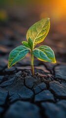 A resilient seedling emerges from cracked earth, backlit by the setting sun.  Symbol of growth, hope, and perseverance against adversity.