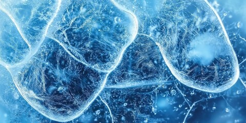 Frozen bubbles in blue ice lake cracked surface texture aerial view abstract natural pattern background with trapped air pockets creating translucent spheres beneath fractured 