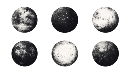 Six monochrome orbs with varied textures, cut out transparent