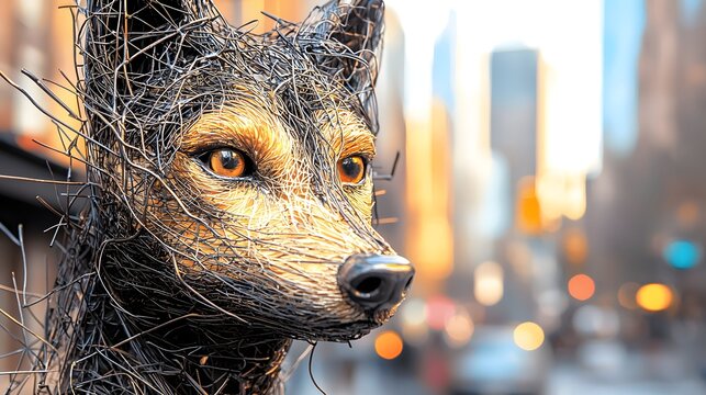 Intricate Metal Sculpture of a Canine Head against a Blurred Urban Cityscape at Dusk