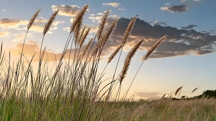 Fototapeta premium Golden Grass Silhouettes Against a Colorful Sunset Sky in a Tranquil Countryside Landscape