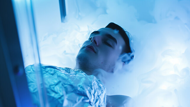 This person in cryonic preservation at a high-tech facility for future space exploration.