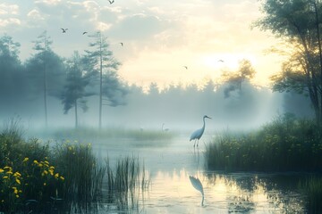 Serene wetland habitat with herons in early morning mist surrounded by tranquil waters and lush vegetation