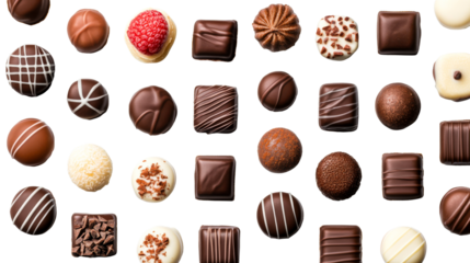 Chocolate candy assortment on black background, cut out transparent