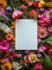 Floral Arrangement With Blank Card Surrounded by Vibrant Flowers for Creative Purposes