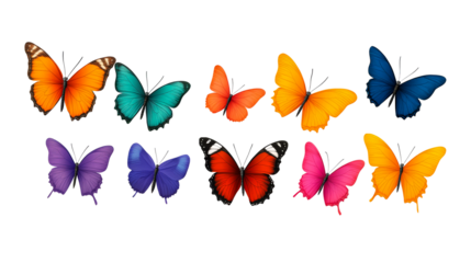 Diverse Butterflies in Vivid Colors on Black Background, cut out transparent