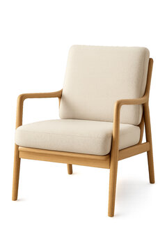 Moderner beige Sessel mit einem schlanken Holzrahmen, der sowohl f&uuml;r Komfort als auch f&uuml;r den Stil in zeitgen&ouml;ssischen Innenr&auml;umen entwickelt wurde