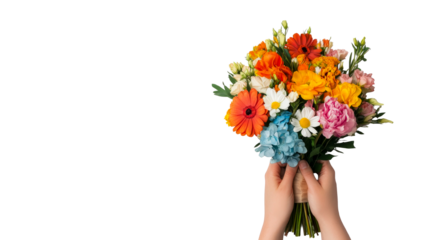 Blooming Bouquet Held by Hands, Colorful Flowers, Cut Out Transparent