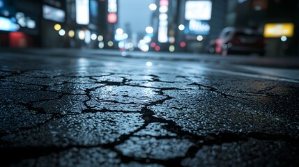 Cracked Pavement Reflecting City Lights: An atmospheric shot of a cracked, weathered road surface reflecting the hazy glow of streetlights and blurred urban elements at night.
