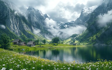 Fototapeta premium Serene mountain lake, wildflowers, cabins, mist.