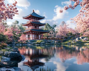 Naklejka premium A serene Japanese cherry blossom garden in full bloom, with a traditional pagoda and a tranquil pond, peaceful and picturesque travel destination, ultrarealistic, 8K resolution