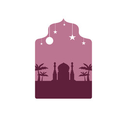 Mosque Silhouette Illustration. Flat Style. Modern beautiful design in pastel colors with mosque, moon crescent, stars in the sky, and tree.