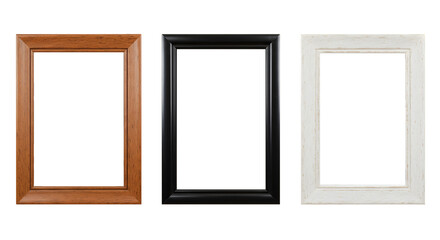 A set of three elegant rectangular picture frames with wooden and glossy black finishes on transparent backdrop