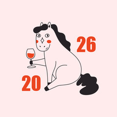 Cute cartoon groovy horse with wine glass. Year of the Horse 2026. Print design with animal for greeting cards, posters, banners. Vector illustration in flat style