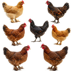 Assortment of Chickens: A collection of various chicken breeds, showcasing their diverse plumage and unique characteristics, arranged in a visually appealing composition