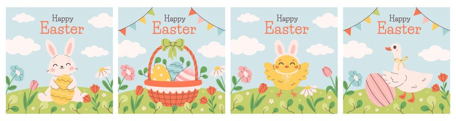 Happy Easter greeting cards with cute chick, bunny, goose and basket with painted eggs on spring meadow. Design for cards, posters, banners. Vector illustration in flat style