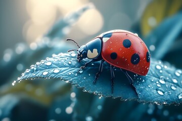 Obraz premium Ladybug resting on a leaf covered in morning dew showcasing vibrant colors and intricate details