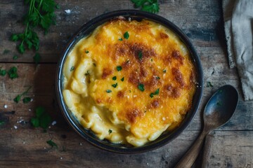 Bowl of Rich Mac and Cheese with Garnishes on Wooden Table