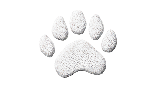 Textured white paw print with black background, cut out transparent