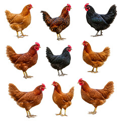 Diverse Chickens: A captivating collection of chickens in various breeds, showcasing a diverse array of colors and feather patterns against a backdrop.
