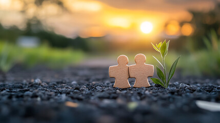 Two wooden puzzle pieces shaped like people fit together gravel path, symbolizing connection and unity. small plant grows beside them, representing growth and new beginnings, with sunset