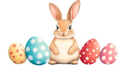 Easter bunny with painted eggs watercolor illustration, cut out transparent