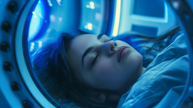 This young woman peacefully rests in a high-tech cryonics chamber for preservation.