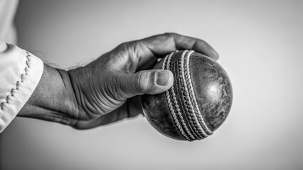 Monochrome image of cricketer's hand gripping leather ball showing grip technique and traditional sports discipline in black and white with emotional focus