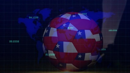 Soccer ball with American flag pattern over world map and animation data points - Powered by Adobe