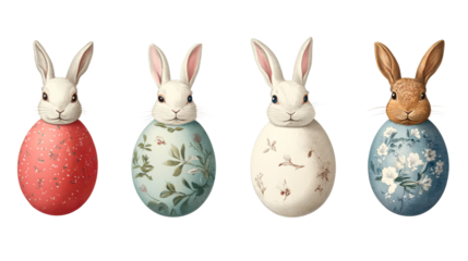 Easter bunnies eggs, colorful patterns, vintage illustrations, cut out transparent