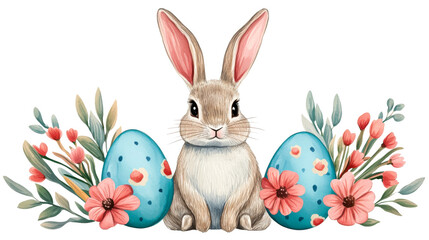 Obraz premium Easter Bunny, Eggs and Flowers, black background, cut out transparent