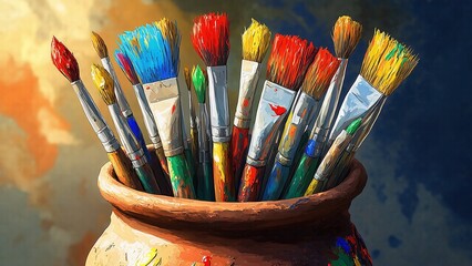 Fototapeta premium Colorful artbrushes cluster artistically inside a painted claypot studio background