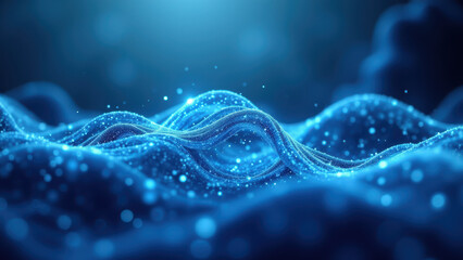 Fototapeta premium A captivating digital art piece featuring a wave-like structure of blue particles with glowing specks, symbolizing GLP1's complex molecular interactions.