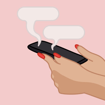 Minimalist Illustration of a Hand Holding a Smartphone with Speech Bubbles
