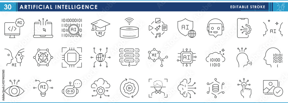 Fototapete A set of line icons related to Artificial Intelligence. Intelligent, machine, generate, coding, digital, connections, database, and so on. Vector editable stroke.
