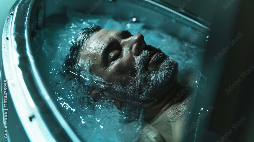 Poster This man is cryogenically preserved in a high-tech facility exploring advanced biotech.