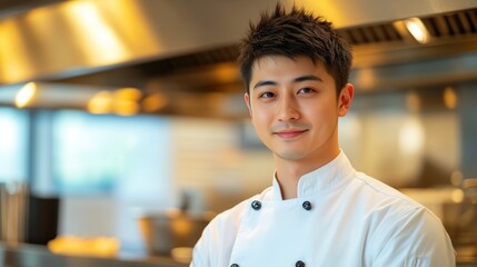 Fototapeta premium Skilled young chef in white jacket cooking in a contemporary kitchen