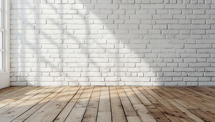 Fototapeta premium Sunlight streams through a window, casting shadows on a white brick wall and light brown wood floor. A minimalist, bright interior.