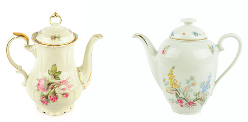 Elegant vintage porcelain coffee pots isolated on white background. Collage. Wide photo.