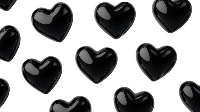 Black heart pattern, glossy, shiny 3D rendering with transparency , cut out transparent