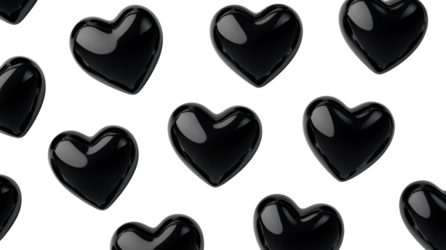 Black heart pattern, glossy, shiny 3D rendering with transparency , cut out transparent