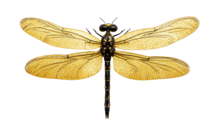Dragonfly with translucent golden wings on a black background, cut out transparent