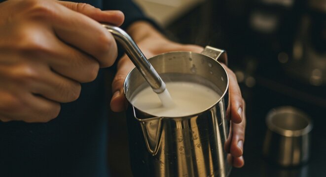 A barista steaming milk in a metal pitcher with a steam wand for a latte art preparation process