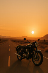 Fototapeta premium Vintage Motorcycle on Desert Road at Sunset