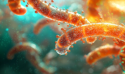 Dynamic viral particles under microscope scientific research lab digital illustration high-tech environment close-up view biology concept